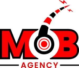 Red, white and black text of MOB, agency