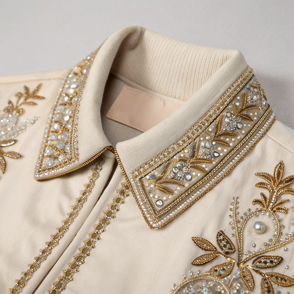 Close up embroidery and stitching details on Masters Of Bravery jacket