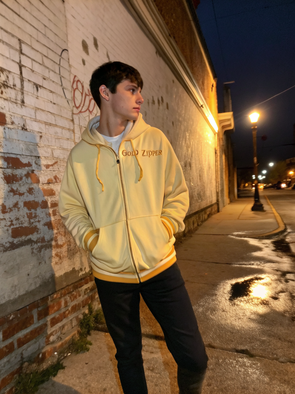 Model wearing Masters Of Bravery hand-finished streetwear hoodie in Los Angeles