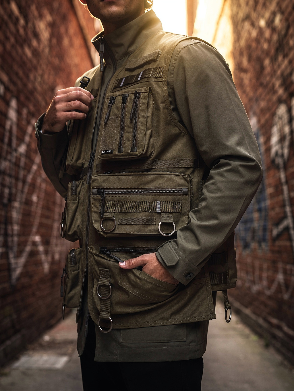 Street corner lookbook portrait in reversible utility streetwear vest